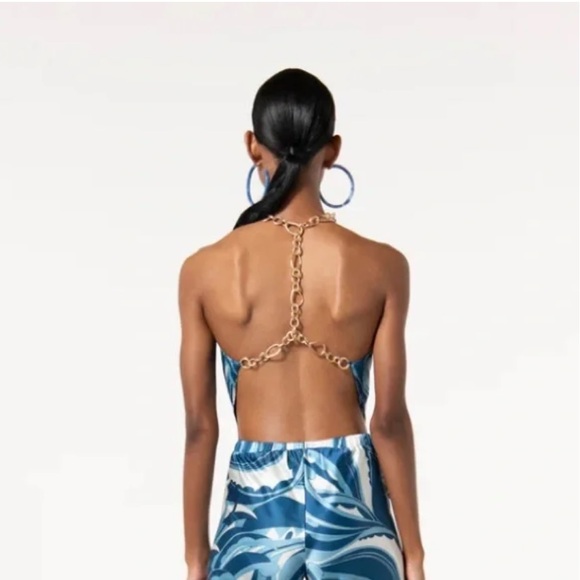 NWT Cult Gaia Olivine Backless Gold Chain Detail Halter Crop Top Paisley Blue S - Picture 5 of 10